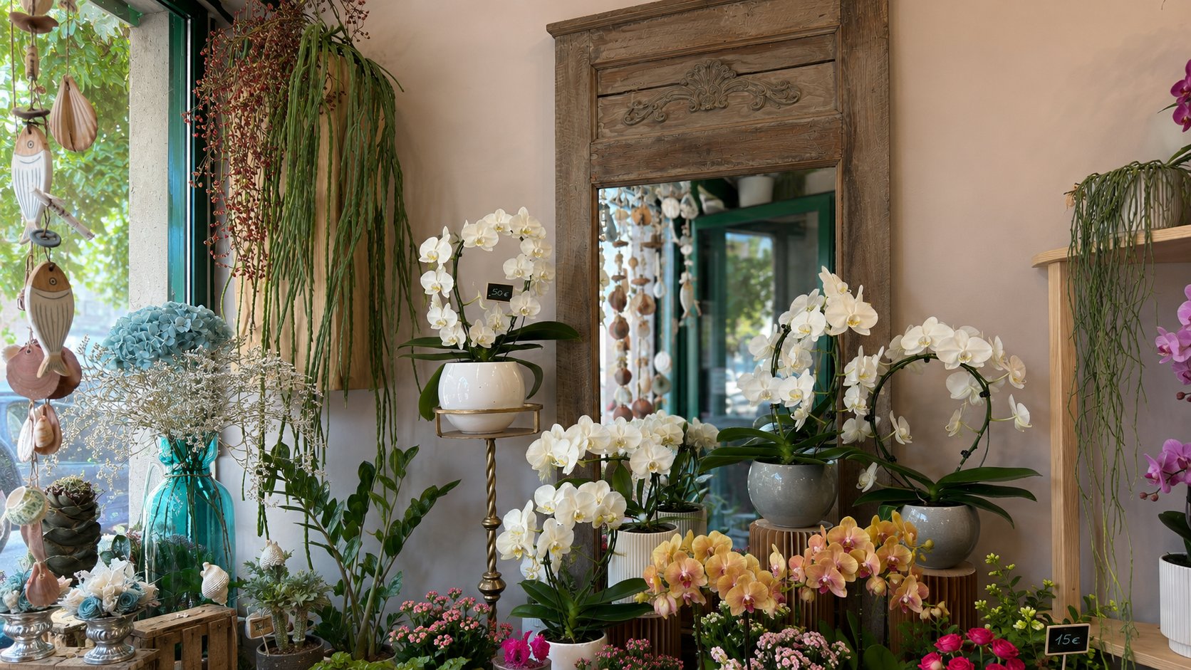 Interno della fioreria con orchidee bianche e composizioni floreali