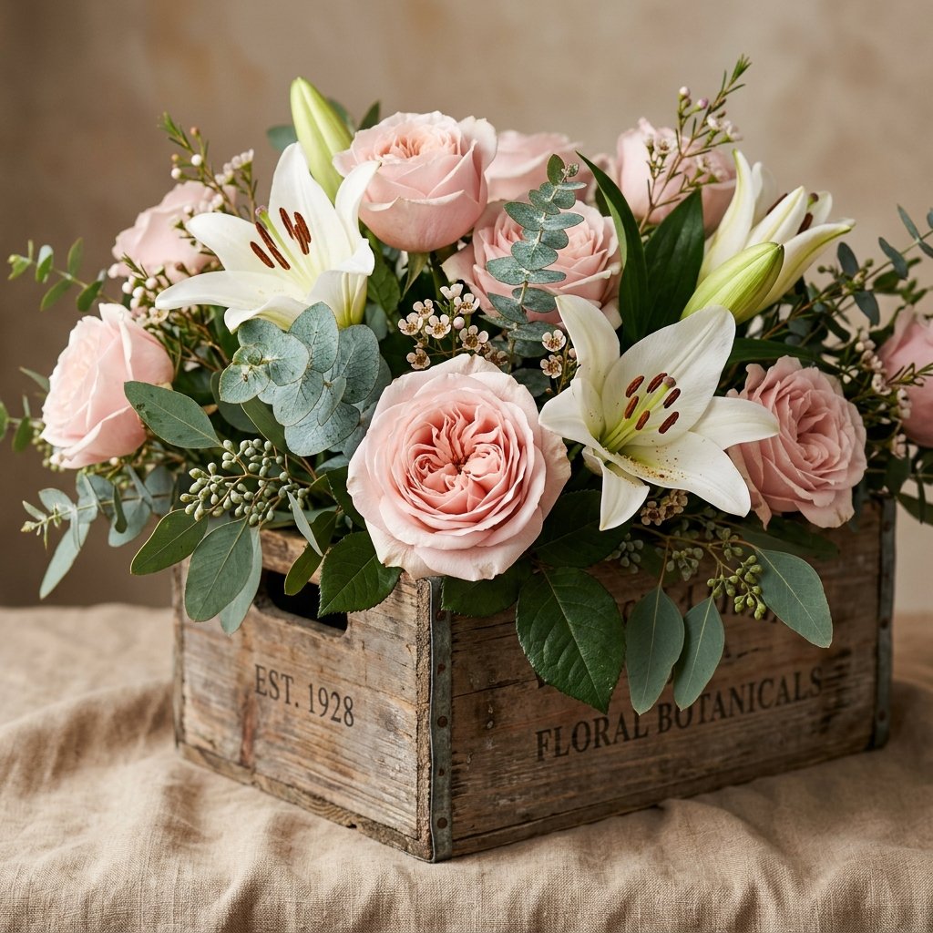 Bouquet di rose rosa e gigli bianchi in cassetta rustica