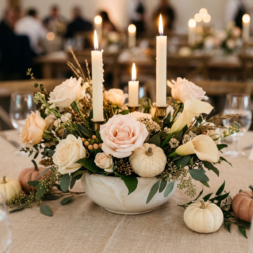 Centrotavola matrimoniale con candele e fiori d’autore
