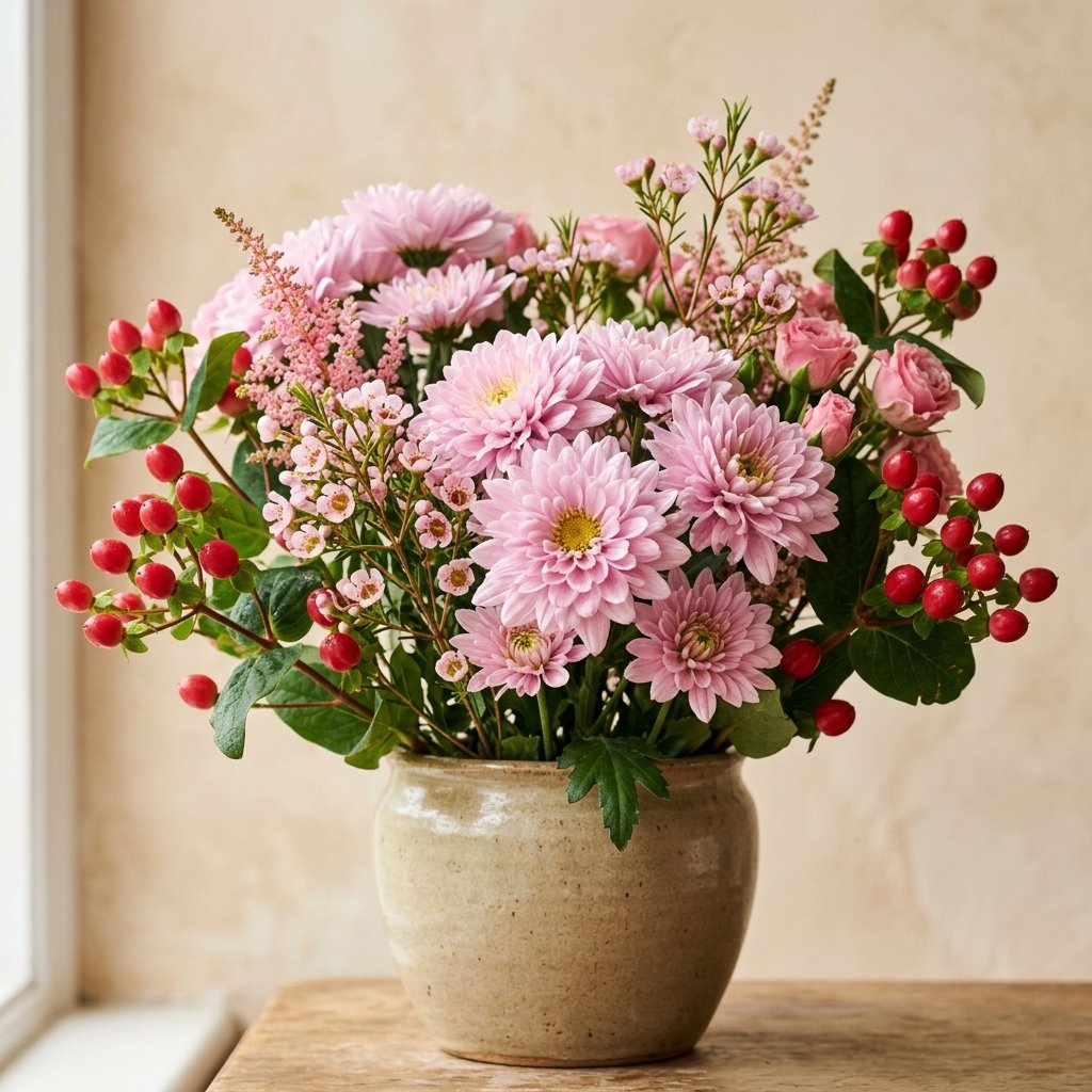 Vaso con crisantemi rosa e bacche rosse per ricorrenze